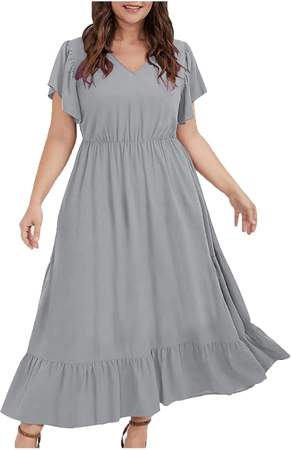 Flowy Dresses for Women V Neck Cinch Waist Ruffle Short Sleeve Dress Trendy Summer Layered Tiered A Line Sundress