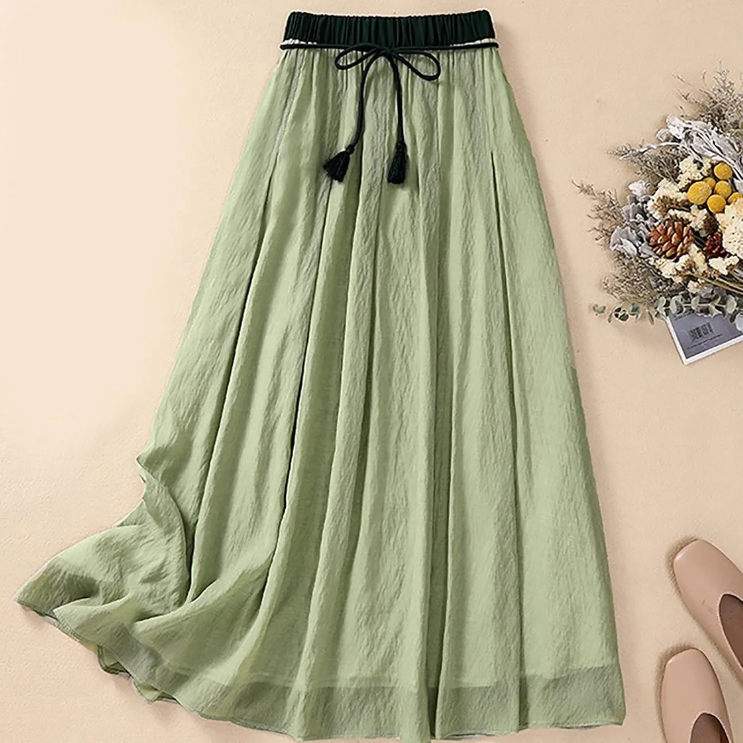 Flowy Midi Skirt for Women Elastic High Waisted Casual Tie-up Solid Color Summer A Line Waistband Skirts