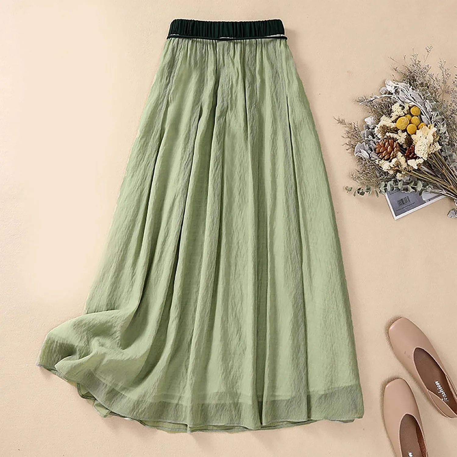 Flowy Midi Skirt for Women Elastic High Waisted Casual Tie-up Solid Color Summer A Line Waistband Skirts