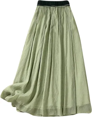 Flowy Midi Skirt for Women Elastic High Waisted Casual Tie-up Solid Color Summer A Line Waistband Skirts