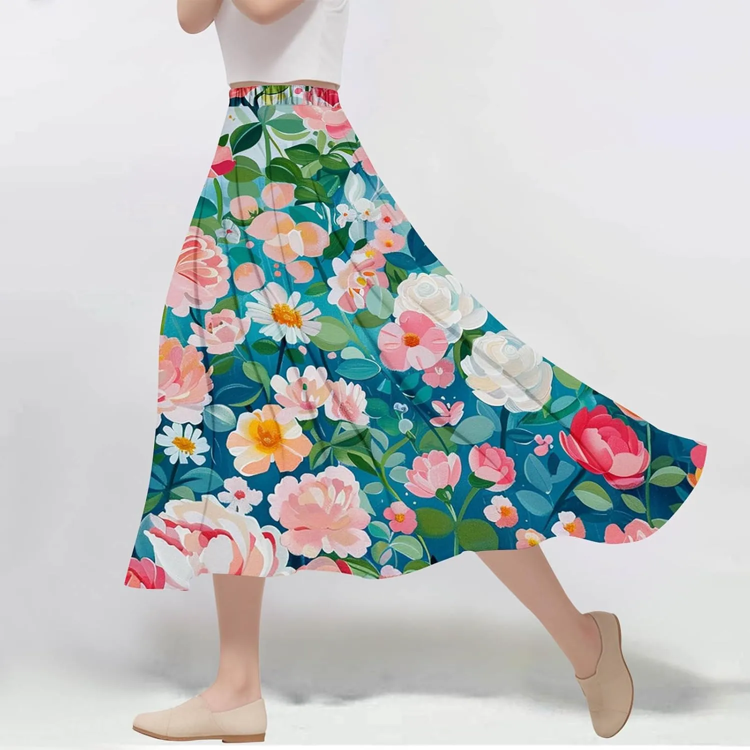 Flowy Skirts for Women Summer Casual Floral Printed Elastic High Waist A-Line Boho Beach Vacation Midi Skirts