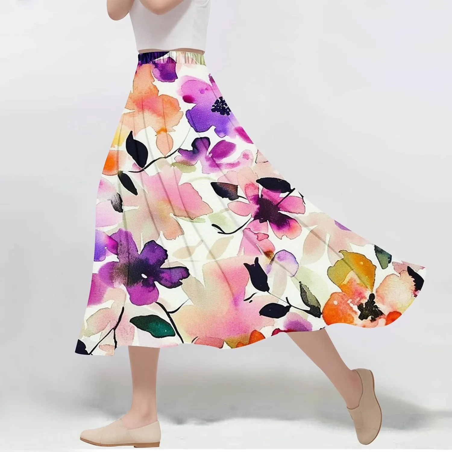Flowy Skirts for Women Summer Casual Floral Printed Elastic High Waist A-Line Boho Beach Vacation Midi Skirts
