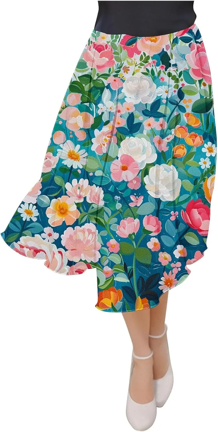 Flowy Skirts for Women Summer Casual Floral Printed Elastic High Waist A-Line Boho Beach Vacation Midi Skirts