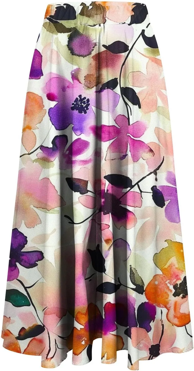 Flowy Skirts for Women Summer Casual Floral Printed Elastic High Waist A-Line Boho Beach Vacation Midi Skirts