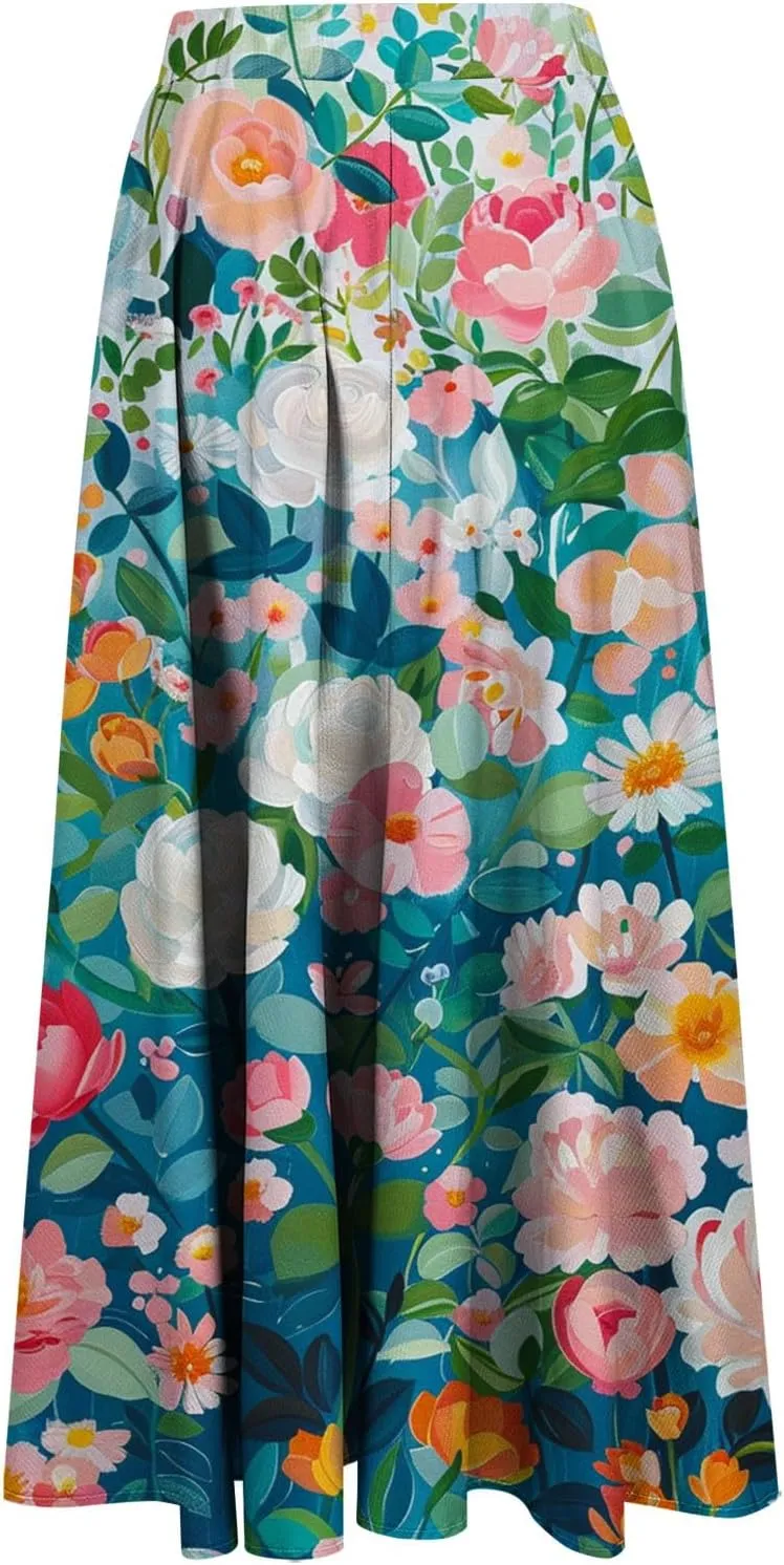 Flowy Skirts for Women Summer Casual Floral Printed Elastic High Waist A-Line Boho Beach Vacation Midi Skirts
