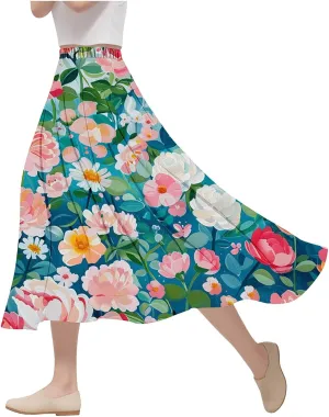 Flowy Skirts for Women Summer Casual Floral Printed Elastic High Waist A-Line Boho Beach Vacation Midi Skirts