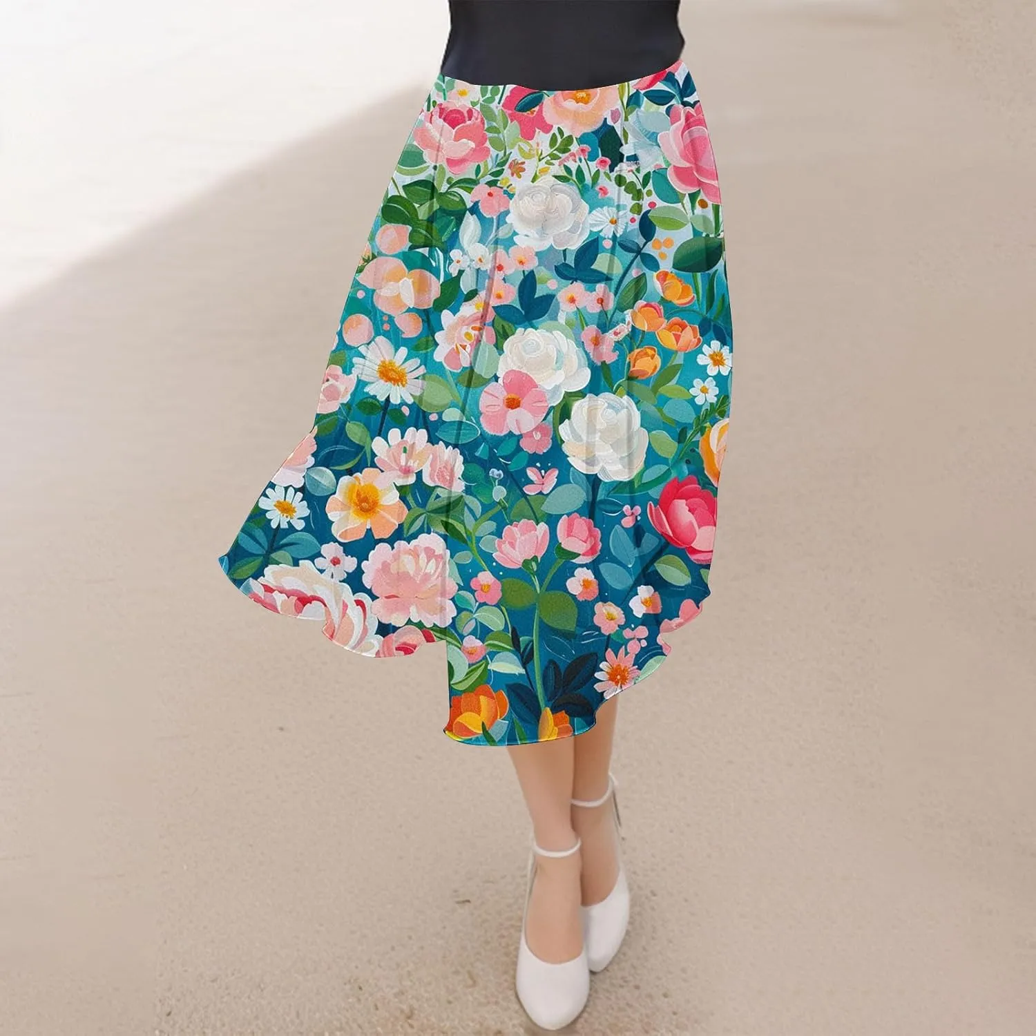 Flowy Skirts for Women Summer Casual Floral Printed Elastic High Waist A-Line Boho Beach Vacation Midi Skirts