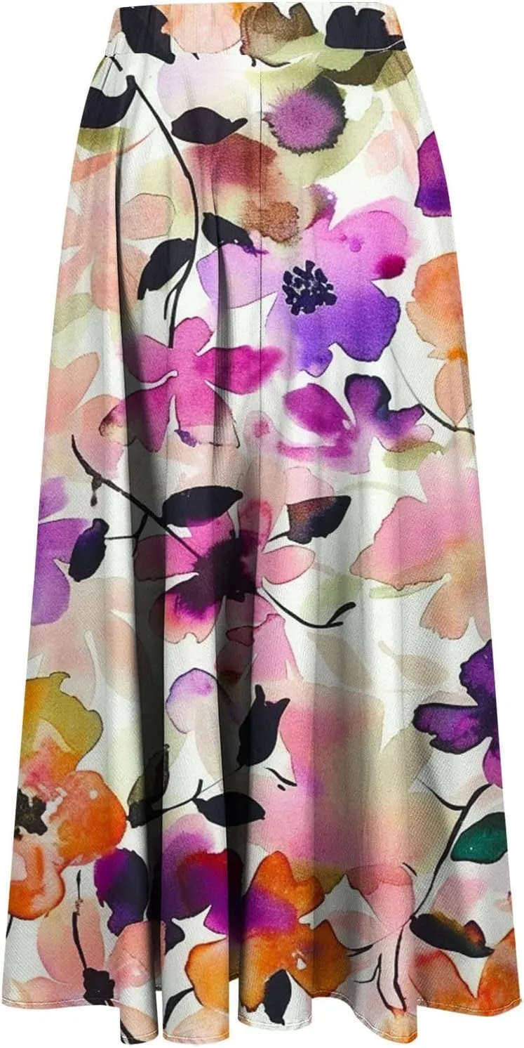 Flowy Skirts for Women Summer Casual Floral Printed Elastic High Waist A-Line Boho Beach Vacation Midi Skirts