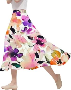Flowy Skirts for Women Summer Casual Floral Printed Elastic High Waist A-Line Boho Beach Vacation Midi Skirts