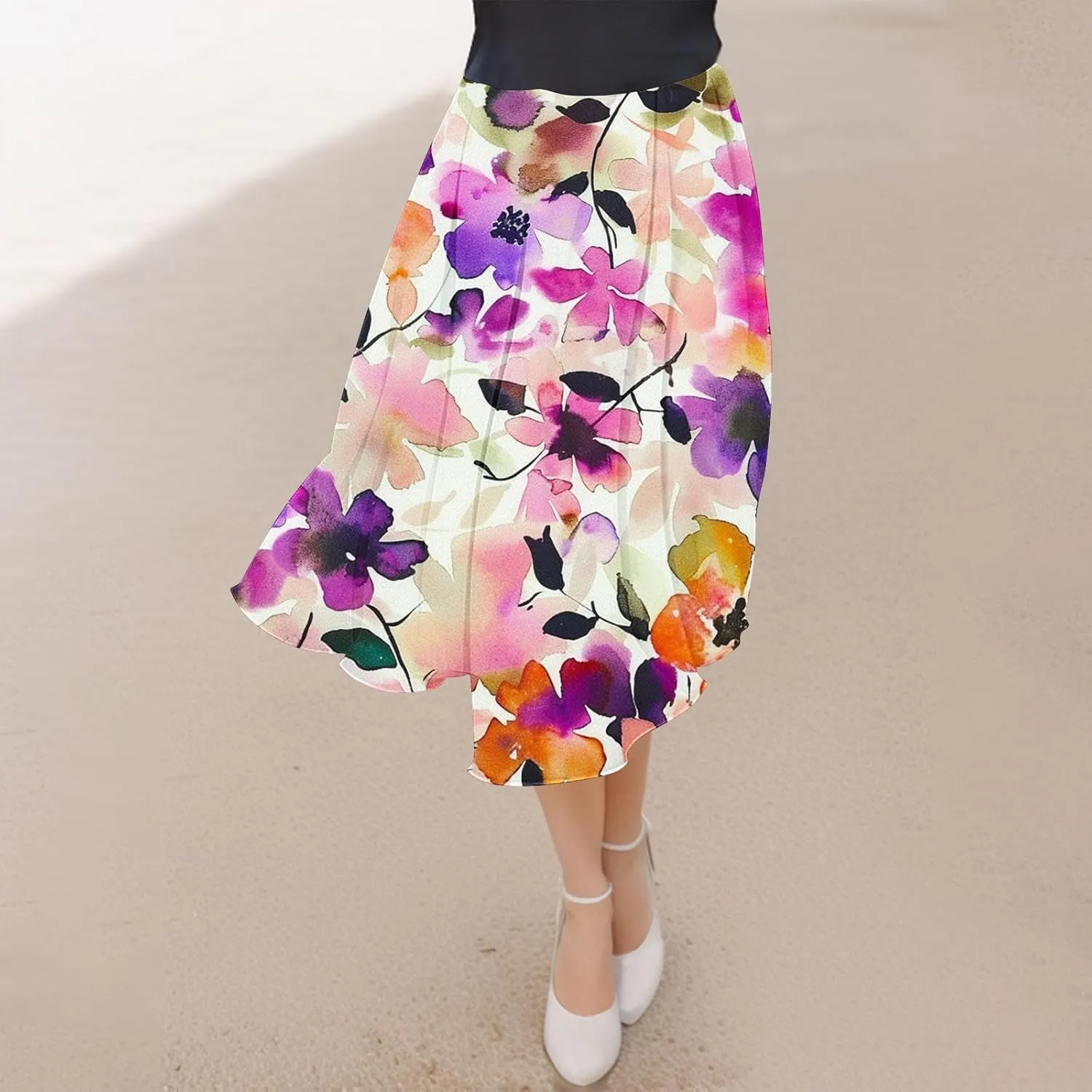 Flowy Skirts for Women Summer Casual Floral Printed Elastic High Waist A-Line Boho Beach Vacation Midi Skirts