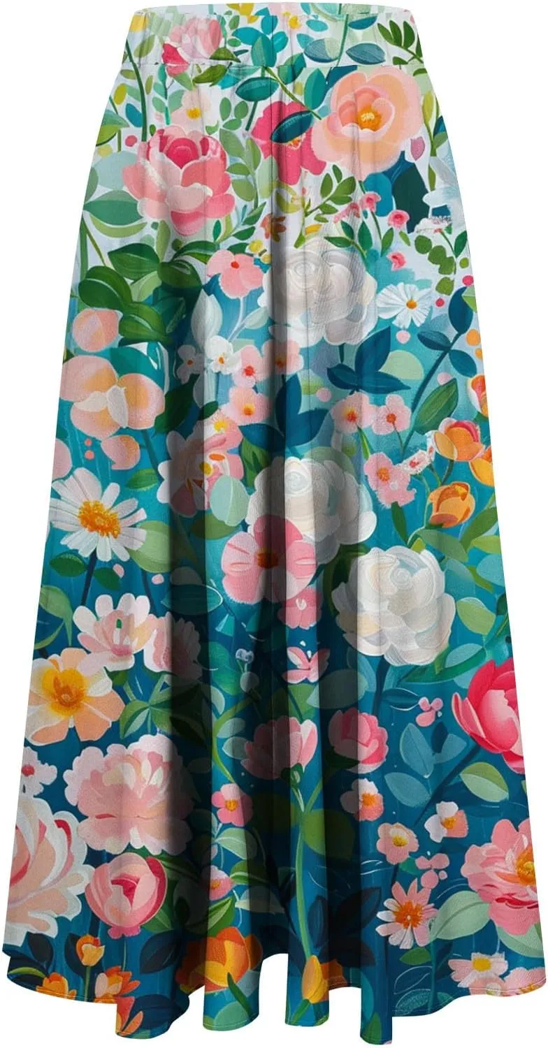 Flowy Skirts for Women Summer Casual Floral Printed Elastic High Waist A-Line Boho Beach Vacation Midi Skirts