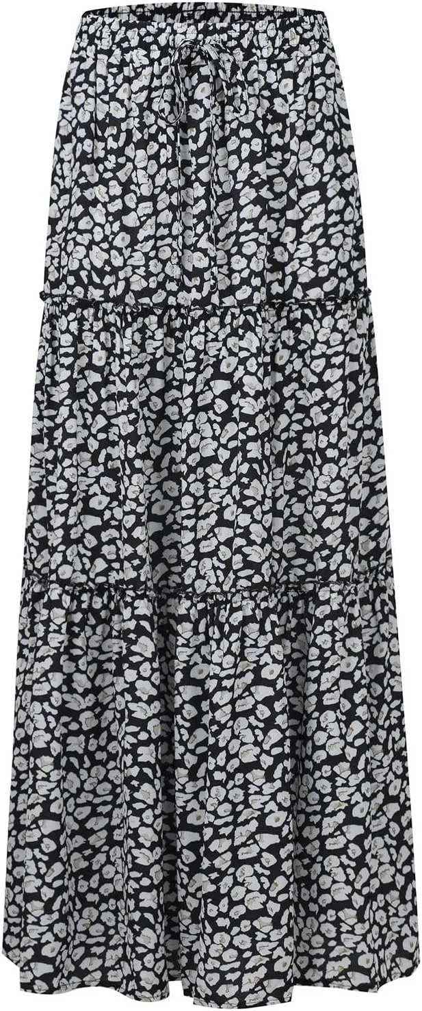 Flowy Tiered Maxi Skirts for Women 2025 Trendy Summer Vacation Boho Long Floral Skirt Elastic Drawstring A Line Skirt