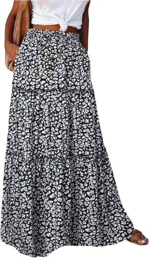 Flowy Tiered Maxi Skirts for Women 2025 Trendy Summer Vacation Boho Long Floral Skirt Elastic Drawstring A Line Skirt