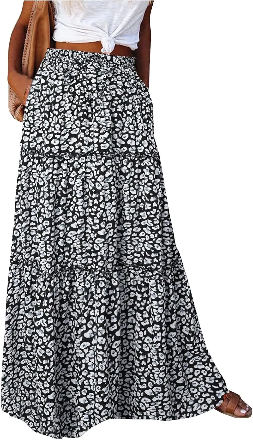 Flowy Tiered Maxi Skirts for Women 2025 Trendy Summer Vacation Boho Long Floral Skirt Elastic Drawstring A Line Skirt