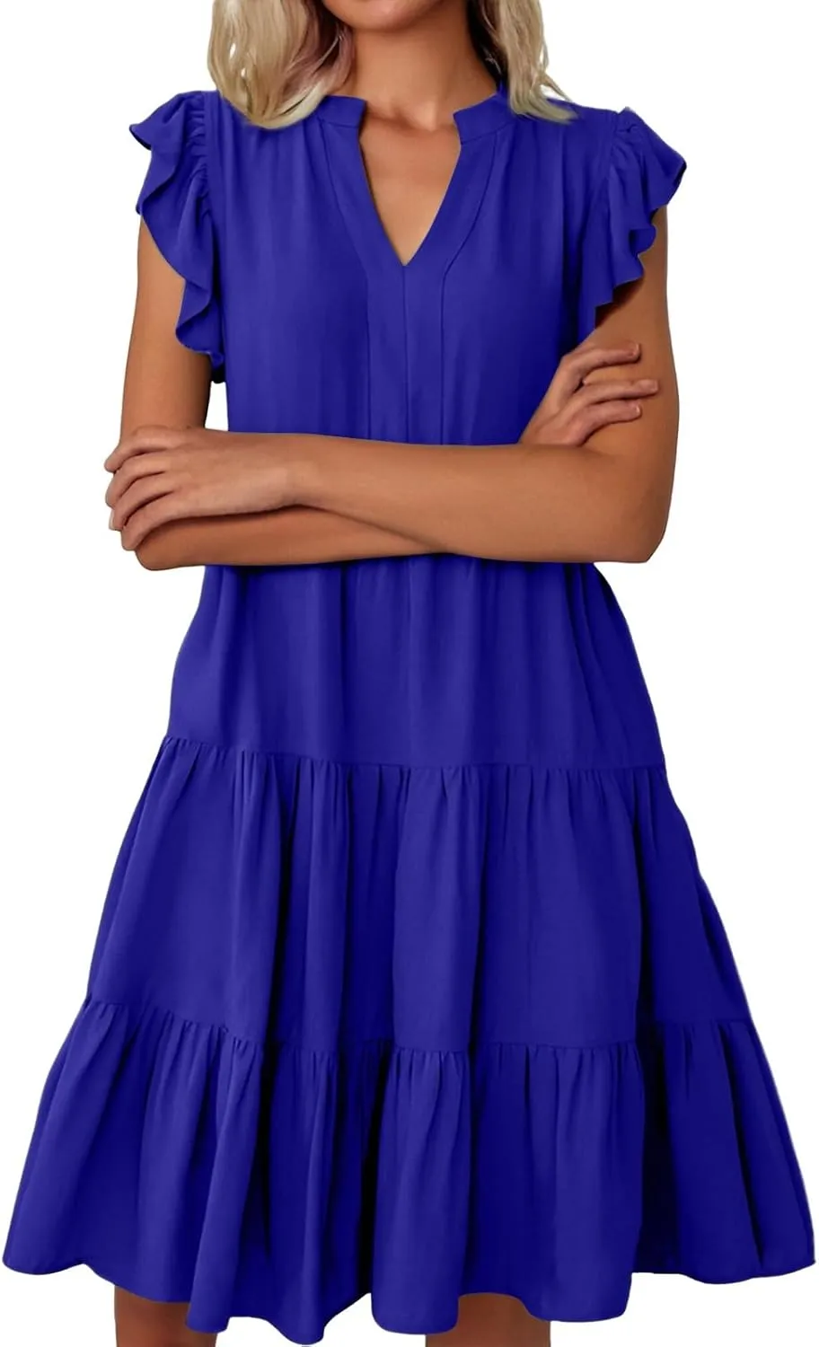 Flutter Sleeve Dress for Women V Neck Pleated Tiered Flowy Dress Summer Boho Beach A Line Midi Dresses with Pockets