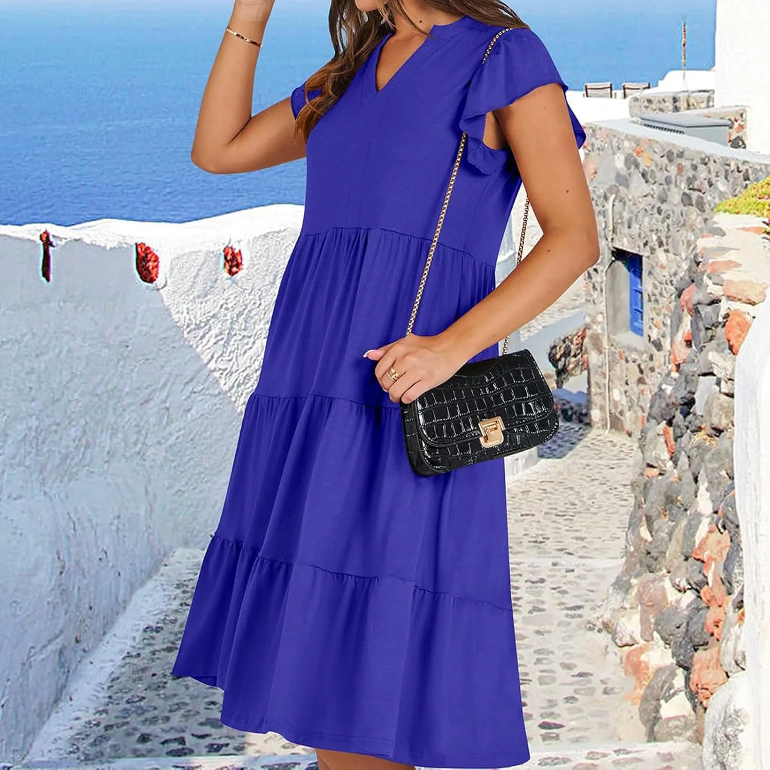 Flutter Sleeve Dress for Women V Neck Pleated Tiered Flowy Dress Summer Boho Beach A Line Midi Dresses with Pockets