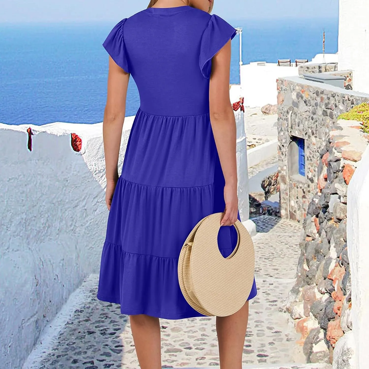 Flutter Sleeve Dress for Women V Neck Pleated Tiered Flowy Dress Summer Boho Beach A Line Midi Dresses with Pockets