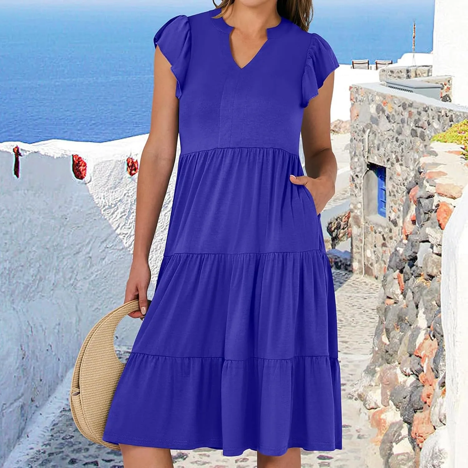 Flutter Sleeve Dress for Women V Neck Pleated Tiered Flowy Dress Summer Boho Beach A Line Midi Dresses with Pockets