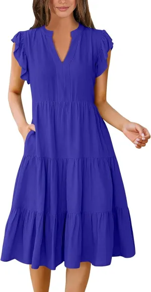 Flutter Sleeve Dress for Women V Neck Pleated Tiered Flowy Dress Summer Boho Beach A Line Midi Dresses with Pockets