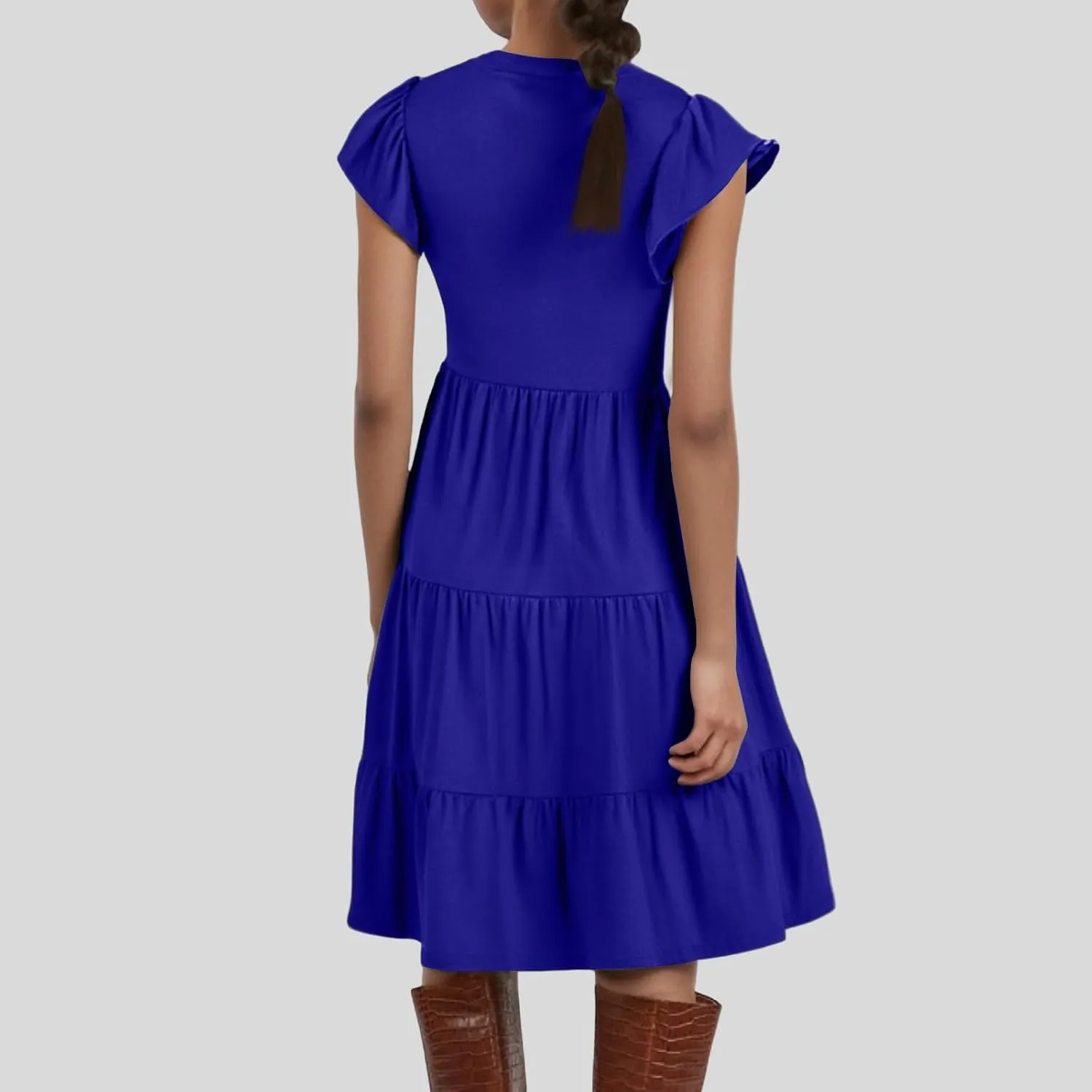 Flutter Sleeve Dress for Women V Neck Pleated Tiered Flowy Dress Summer Boho Beach A Line Midi Dresses with Pockets