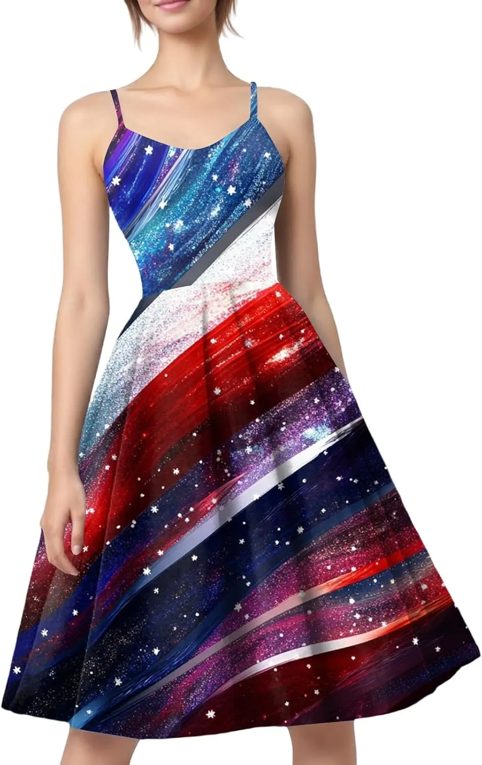 Fourth of July Dresses for Women Midi Red White and Blue Dress Sleeveless Patriotic Dresses Holiday Festival Dress