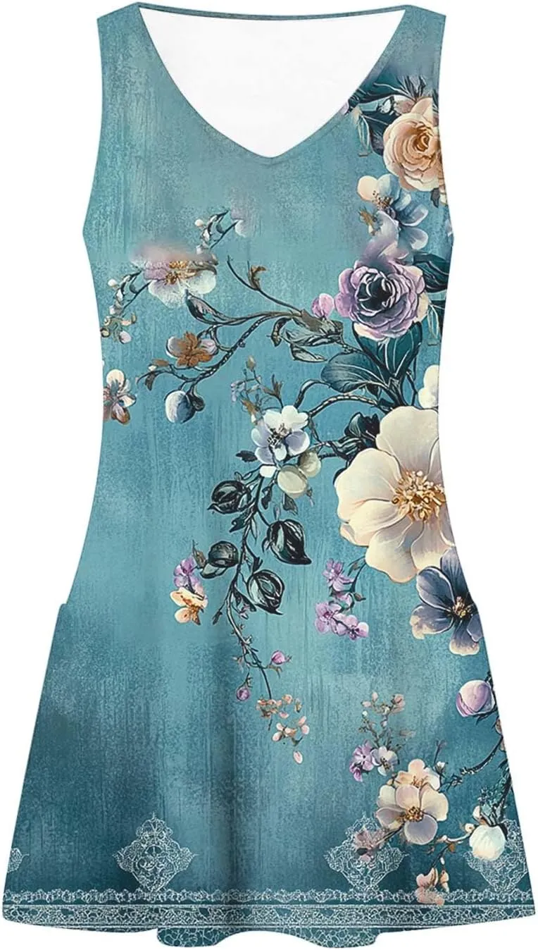 FZYLQY Sleeveless Boho Printed Tank Dress for Women Summer Casual Loose Fit Mini Dresses V Neck Lightweight Beach Outfits