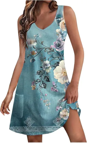 FZYLQY Sleeveless Boho Printed Tank Dress for Women Summer Casual Loose Fit Mini Dresses V Neck Lightweight Beach Outfits