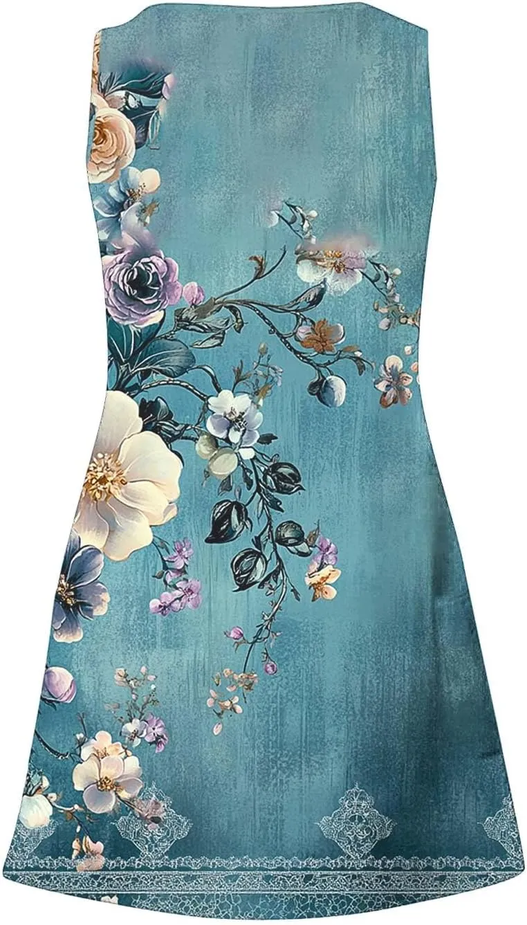 FZYLQY Sleeveless Boho Printed Tank Dress for Women Summer Casual Loose Fit Mini Dresses V Neck Lightweight Beach Outfits