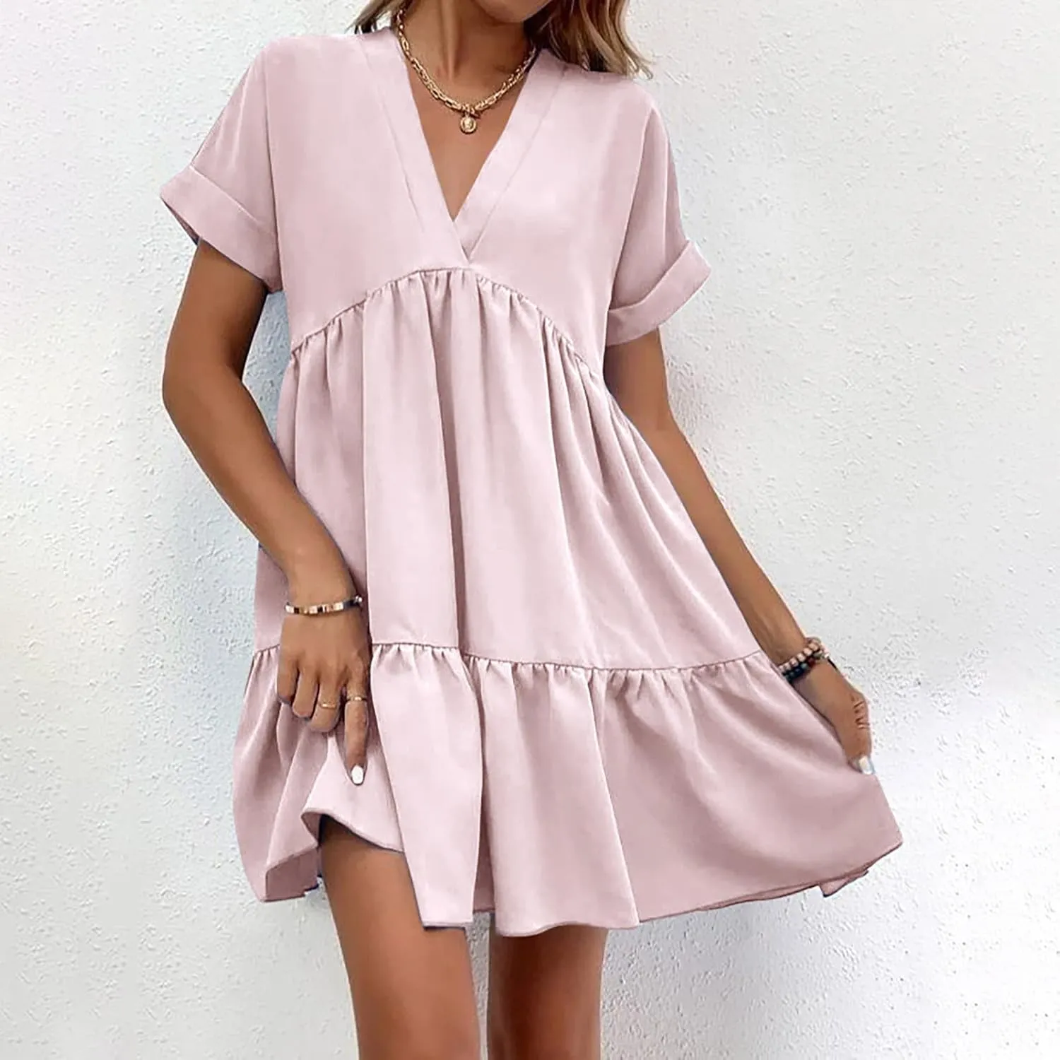 FZYLQY Womens Casual Dresses Short Sleeve V Neck Tiered Mini Dress Loose Fit Comfy Ruffle Swing Dress Trendy Beach Sundress
