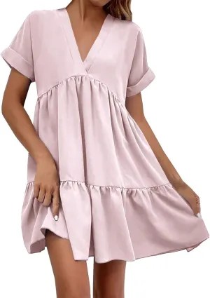 FZYLQY Womens Casual Dresses Short Sleeve V Neck Tiered Mini Dress Loose Fit Comfy Ruffle Swing Dress Trendy Beach Sundress