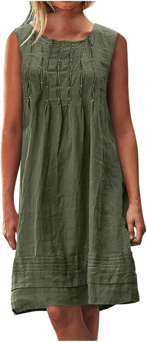 FZYLQY Women's Cotton Linen Midi Dress Plus Size Cap Sleeve Pleated Summer Dresses Vacation 2025 Crew Neck Casual Dress