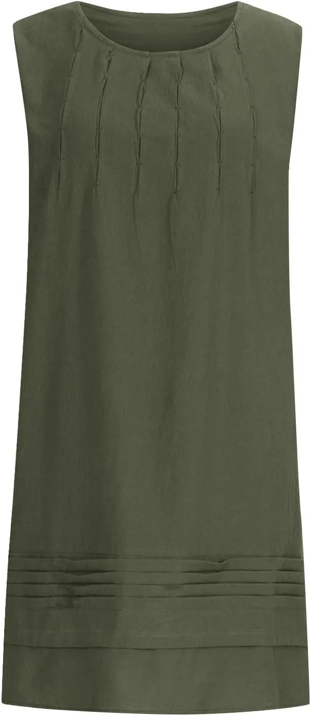 FZYLQY Women's Cotton Linen Midi Dress Plus Size Cap Sleeve Pleated Summer Dresses Vacation 2025 Crew Neck Casual Dress