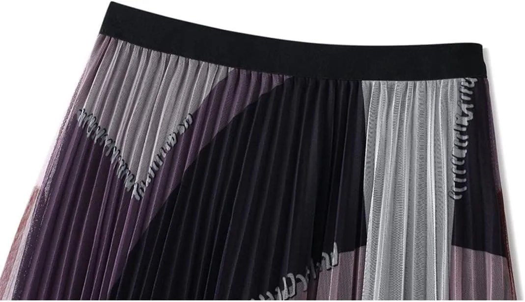 Geometric Print Skirt Women Purple Black Blue Long Midi Length Tulle Pleated Skirt