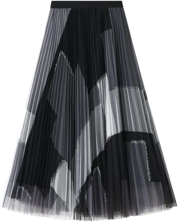 Geometric Print Skirt Women Purple Black Blue Long Midi Length Tulle Pleated Skirt