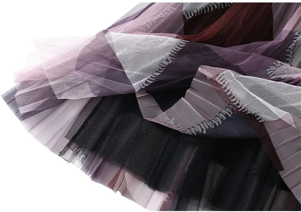 Geometric Print Skirt Women Purple Black Blue Long Midi Length Tulle Pleated Skirt