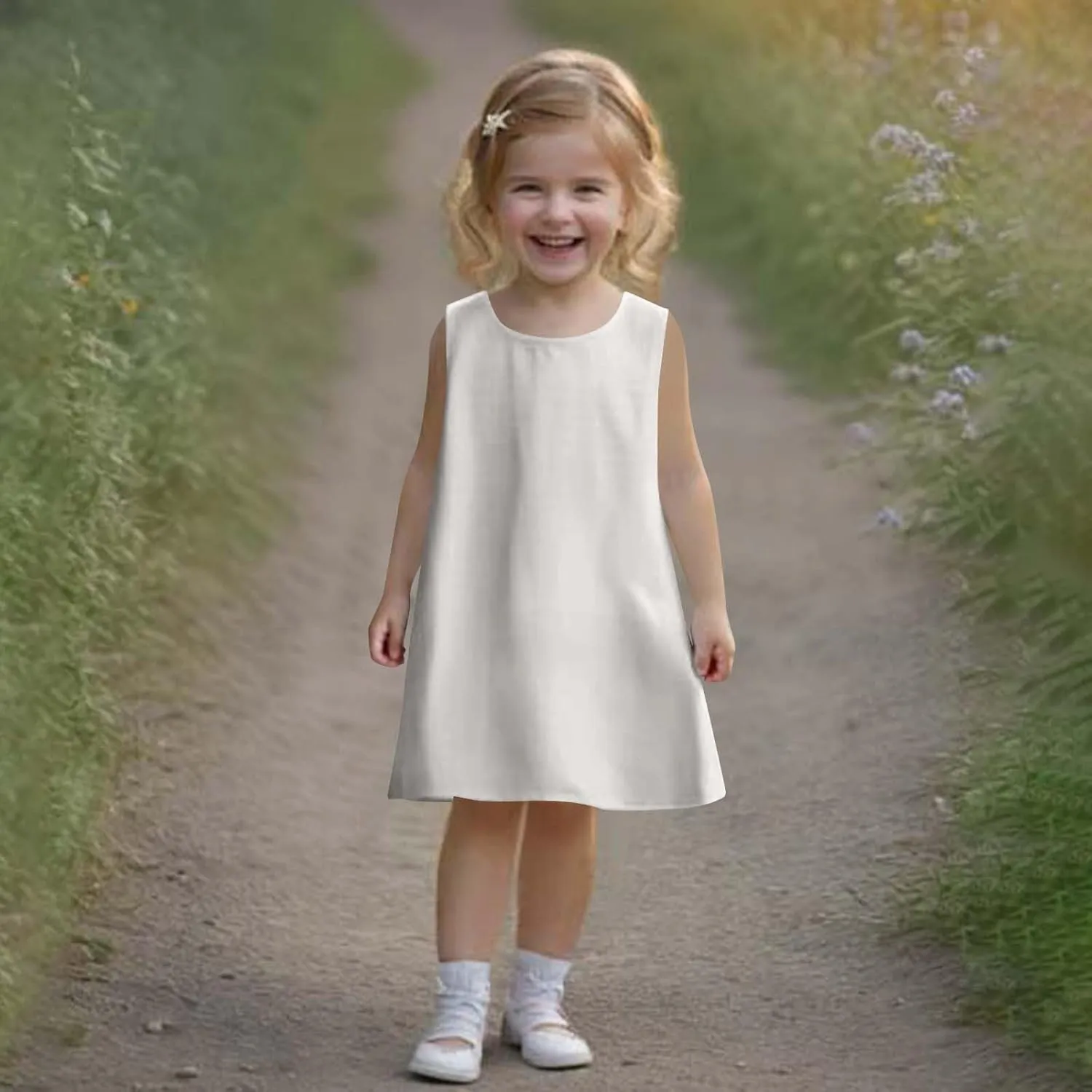 Girls Dress Cute Sleeveless Round Neck Pleated Mini Dress Casual 2025 Summer Beach Vacation Little Girls Dresses 1-7T