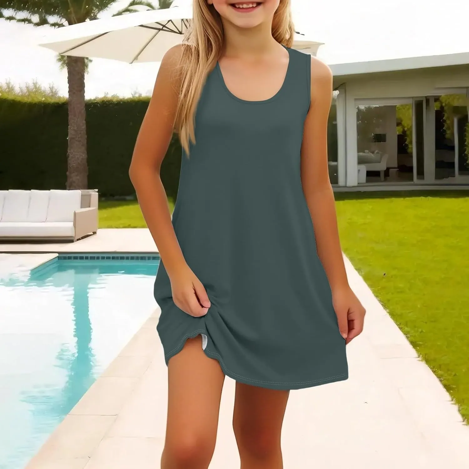 Girls Dresses Summer Casual Loose Sleeveless A-Line U Neck Sundresses Tank Swing Midi Beach Dresses with Pockets