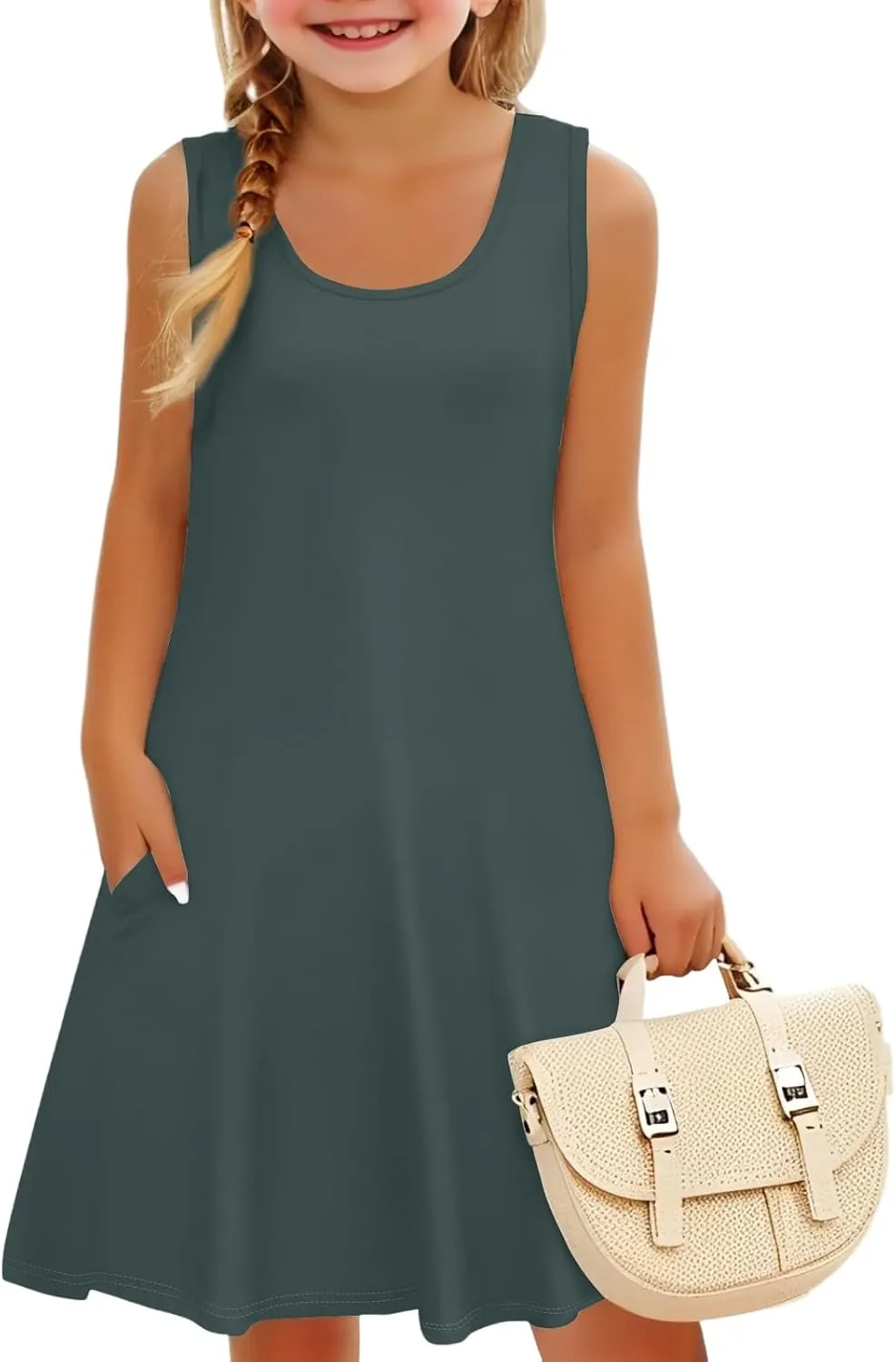 Girls Dresses Summer Casual Loose Sleeveless A-Line U Neck Sundresses Tank Swing Midi Beach Dresses with Pockets