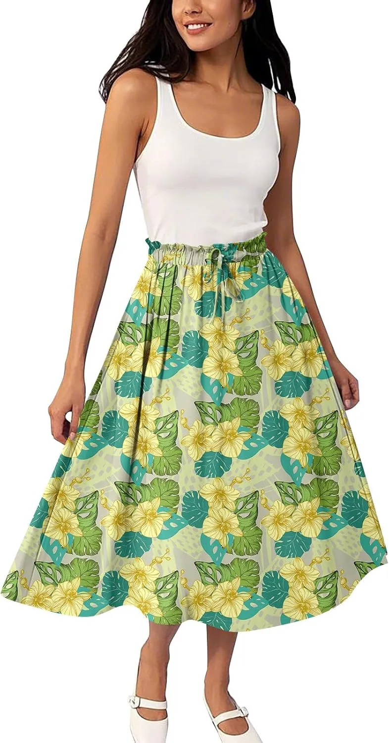 GOFULY Skirts for Women Midi Length Trendy Summer Print A Line Skirt Knee Drawstring Elastic High Waist Smocked Skirt