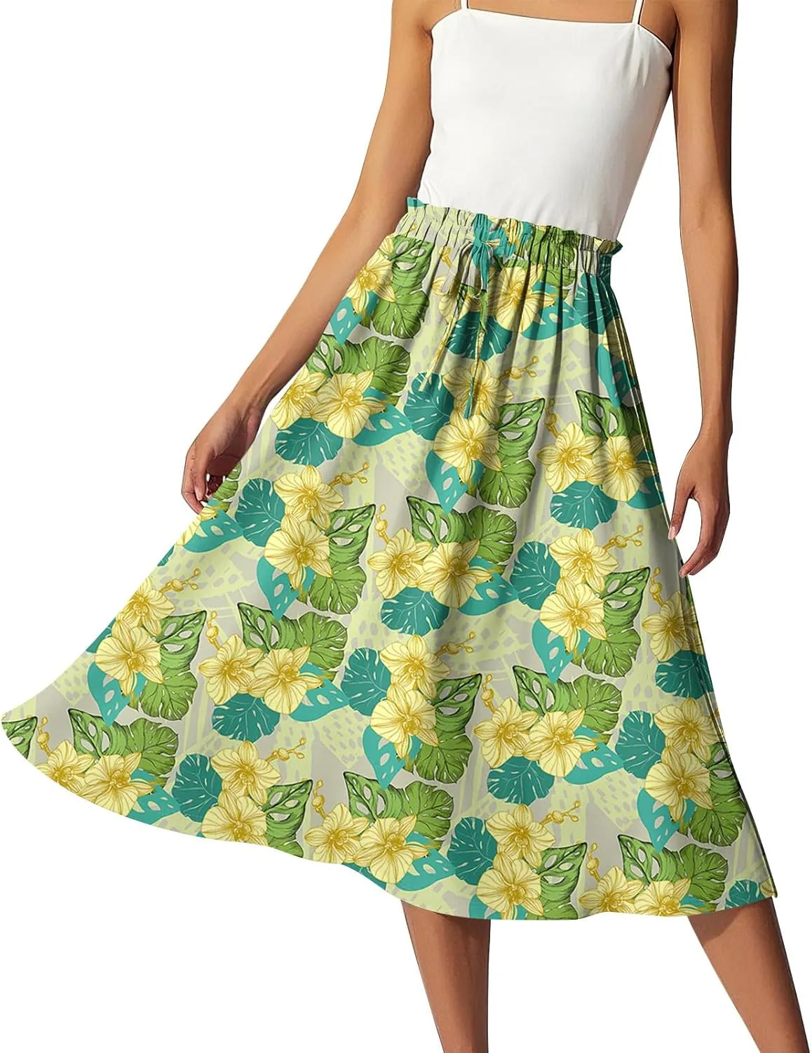 GOFULY Skirts for Women Midi Length Trendy Summer Print A Line Skirt Knee Drawstring Elastic High Waist Smocked Skirt