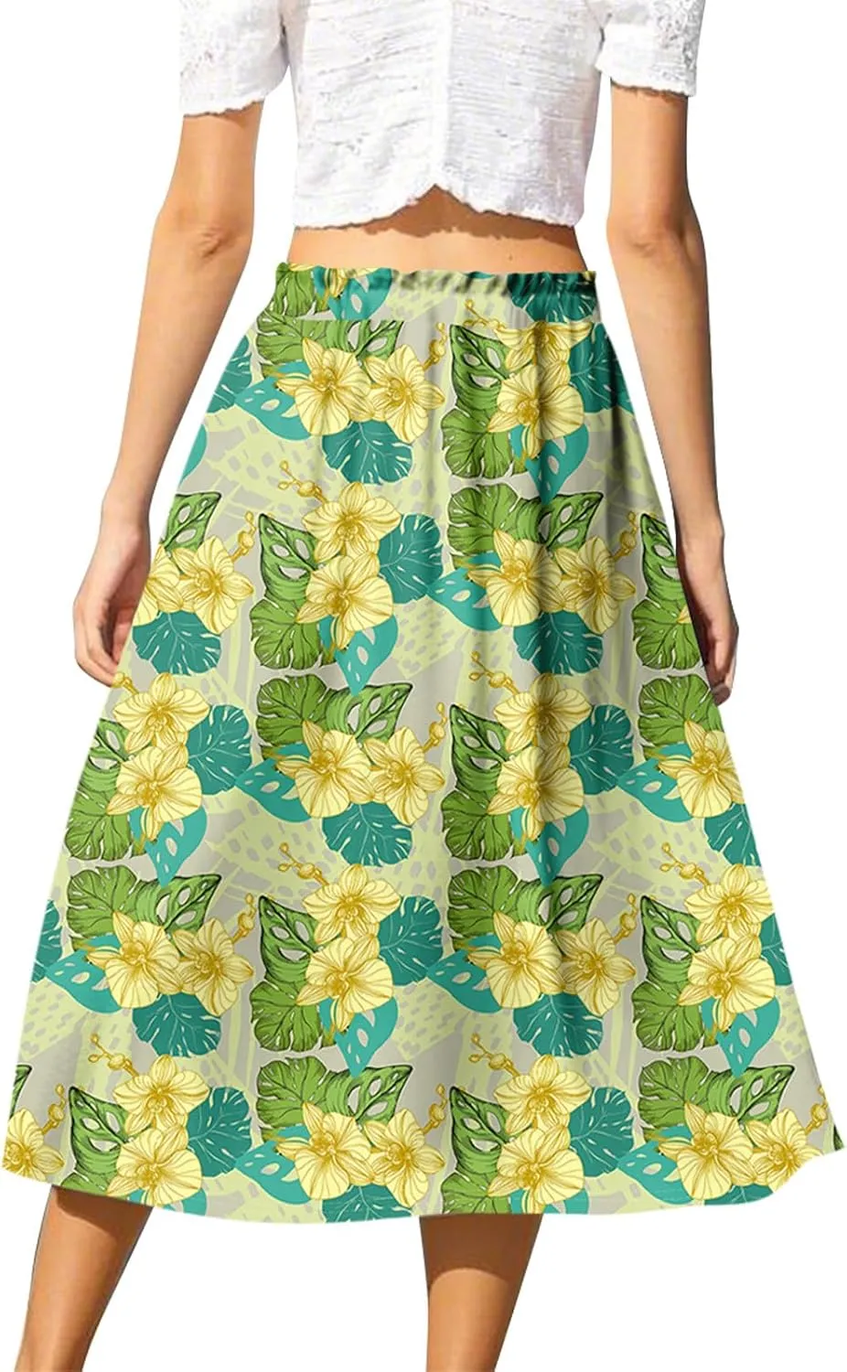 GOFULY Skirts for Women Midi Length Trendy Summer Print A Line Skirt Knee Drawstring Elastic High Waist Smocked Skirt