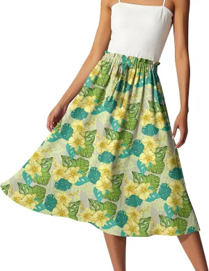 GOFULY Skirts for Women Midi Length Trendy Summer Print A Line Skirt Knee Drawstring Elastic High Waist Smocked Skirt
