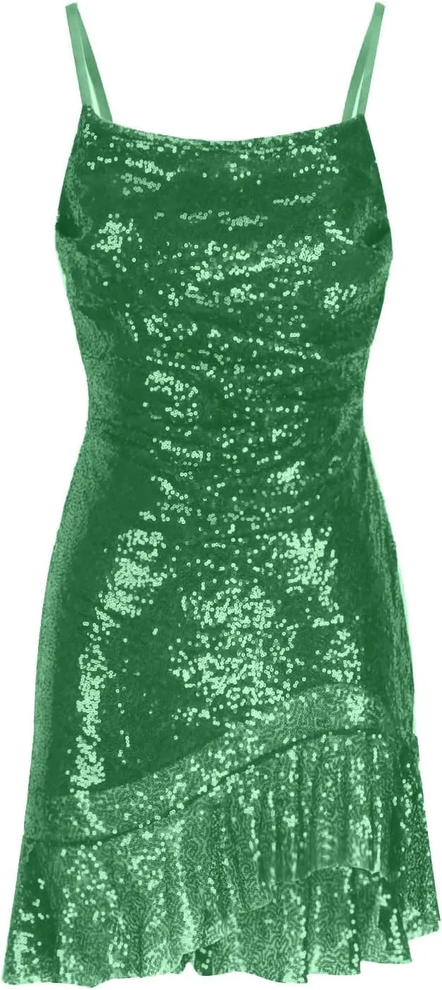 Going Out Dresses for Women Cute Sexy Sparkly Sequin Ruffle Mini Dress Fashion Spaghetti Strap Split Bodycon Dresses