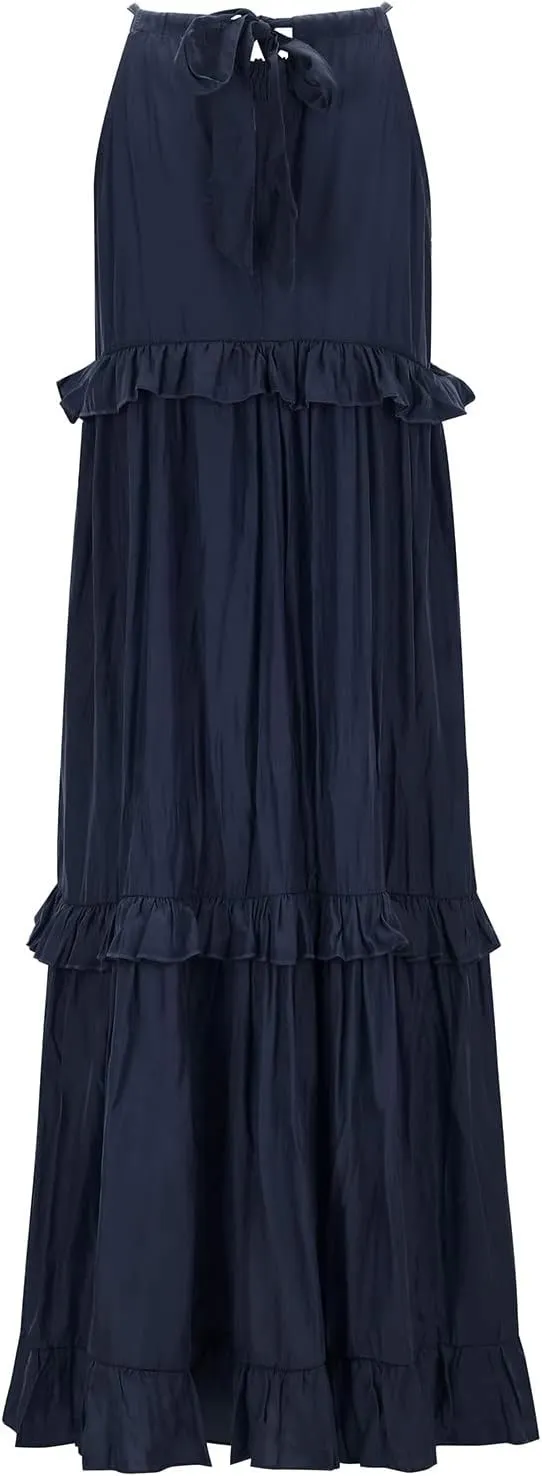 GOKKILRW Maxi Dresses for Women 2025 Summer Halter Long Dress Loose Flowy Boho Swing Smocked Ruffle Beach Dress Resort Wear