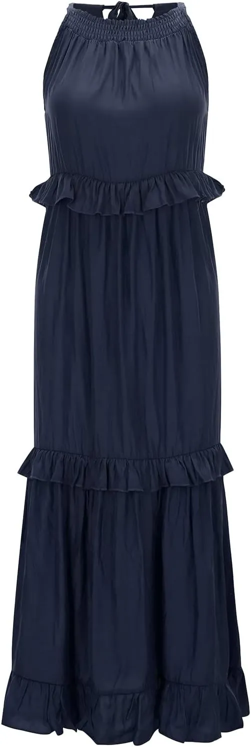 GOKKILRW Maxi Dresses for Women 2025 Summer Halter Long Dress Loose Flowy Boho Swing Smocked Ruffle Beach Dress Resort Wear