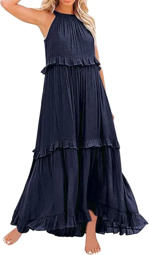 GOKKILRW Maxi Dresses for Women 2025 Summer Halter Long Dress Loose Flowy Boho Swing Smocked Ruffle Beach Dress Resort Wear