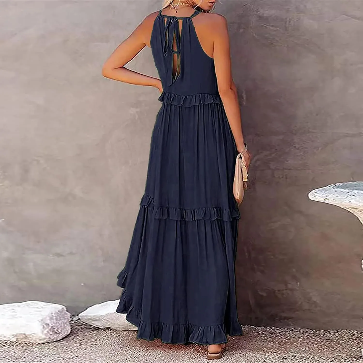 GOKKILRW Maxi Dresses for Women 2025 Summer Halter Long Dress Loose Flowy Boho Swing Smocked Ruffle Beach Dress Resort Wear