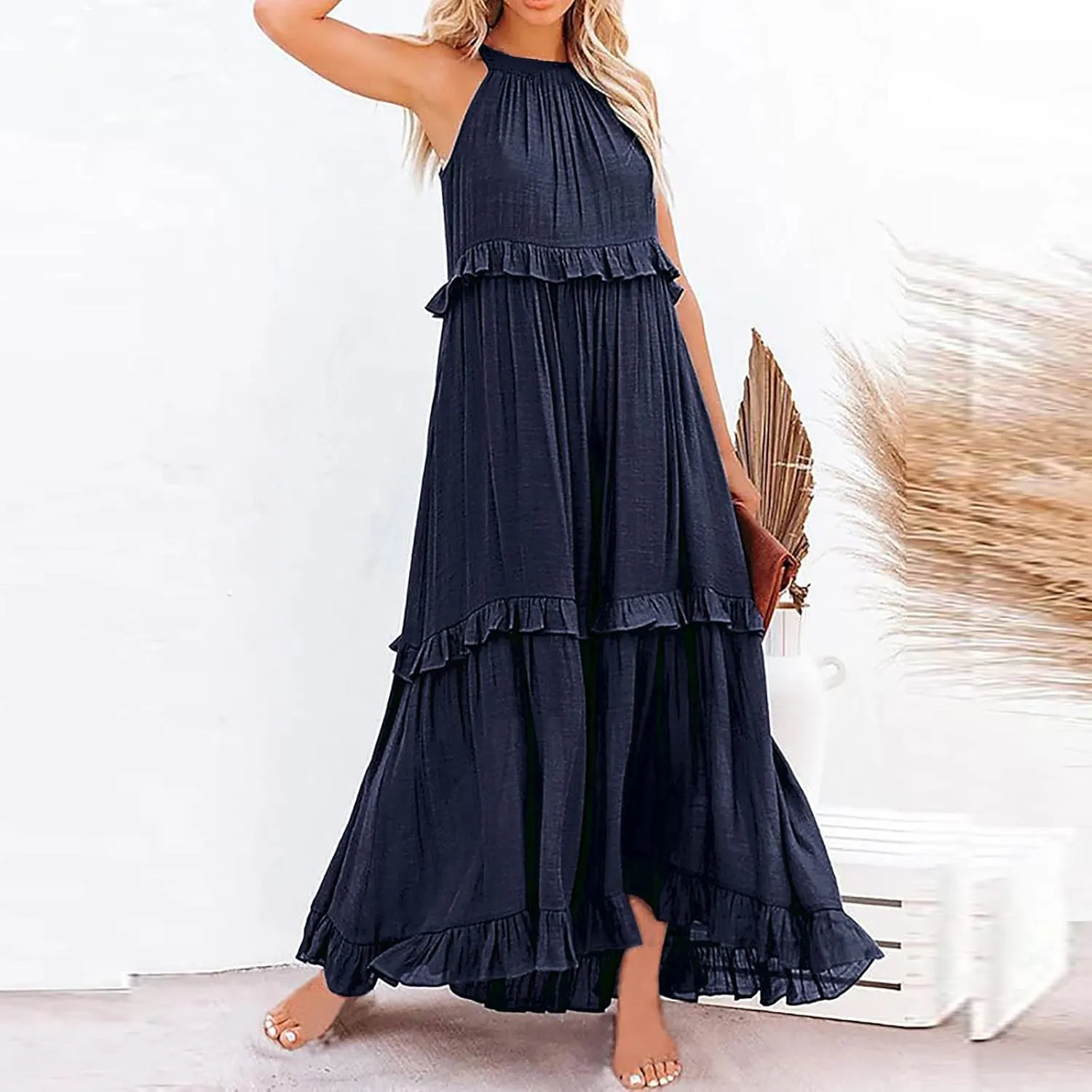 GOKKILRW Maxi Dresses for Women 2025 Summer Halter Long Dress Loose Flowy Boho Swing Smocked Ruffle Beach Dress Resort Wear