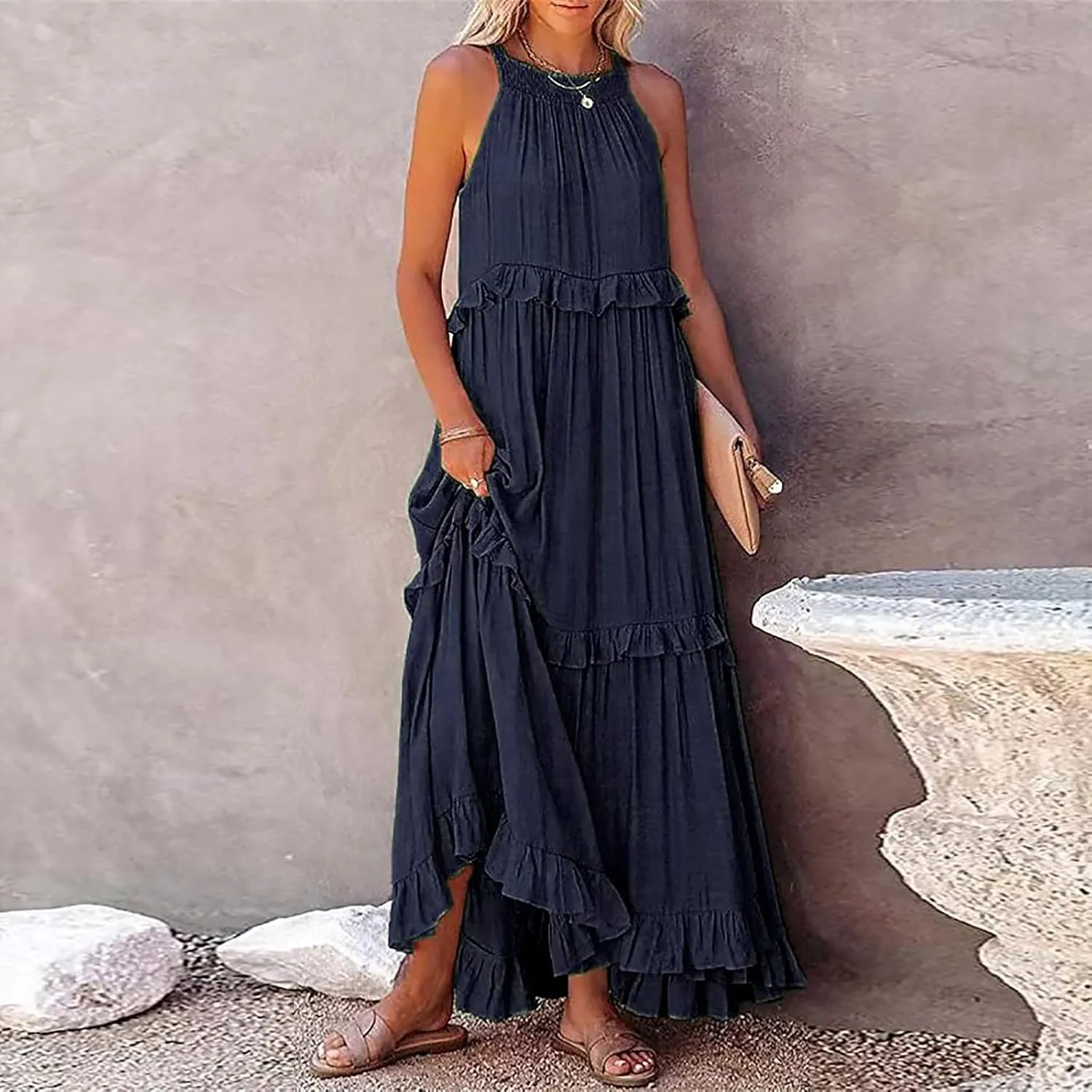 GOKKILRW Maxi Dresses for Women 2025 Summer Halter Long Dress Loose Flowy Boho Swing Smocked Ruffle Beach Dress Resort Wear