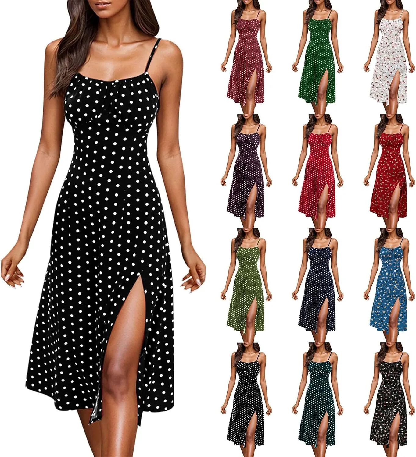 GOKKILRW Women Summer Dresses 2025 Spaghetti Straps Sleeveless Slim Fit Side Slit Sundress Boho Flowy Loose A-Line Midi Dress